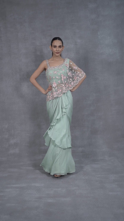 Aqua Indowestern Drape Gown With Attached Cape