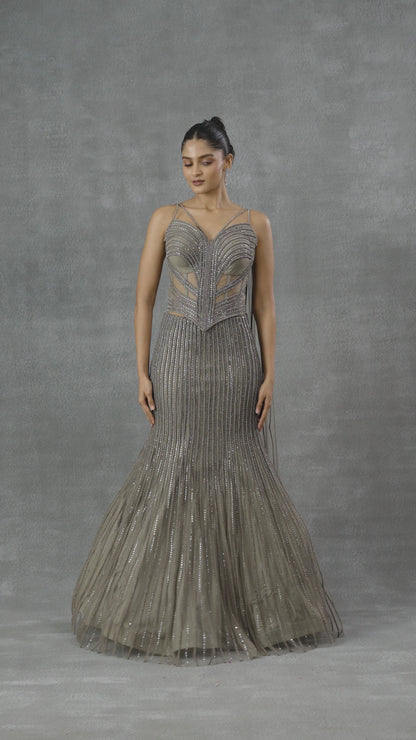 Grey Swarovski Fishcut Indowestern Lehenga