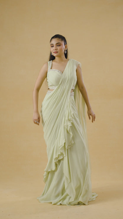 Pista Green Drape Saree With Embellished Jacket