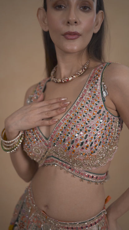 Multicolour Banarasi Lehenga Set With Mirror Work Detailing