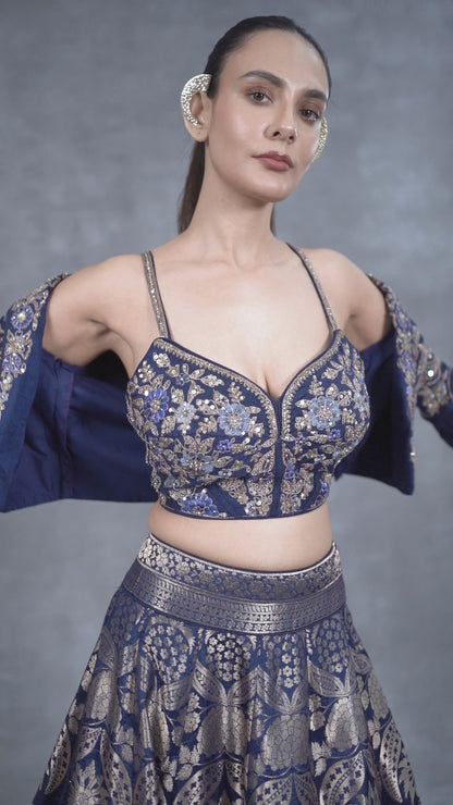 Navy Blue Banarasi Crop Top Skirt Set With Jacket