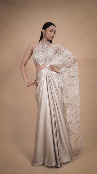 Silver Cocktail Drape Saree With Crystal Detailing