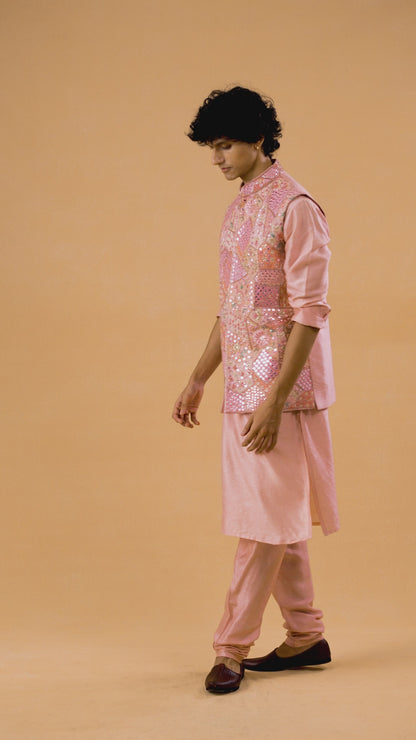 Pink Mirror Work Kurta Bandi Set