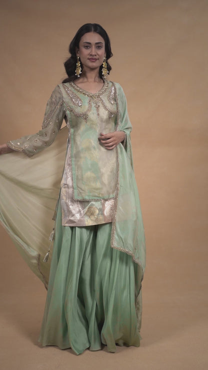 Sea Green Sharara Set With Brocade Top