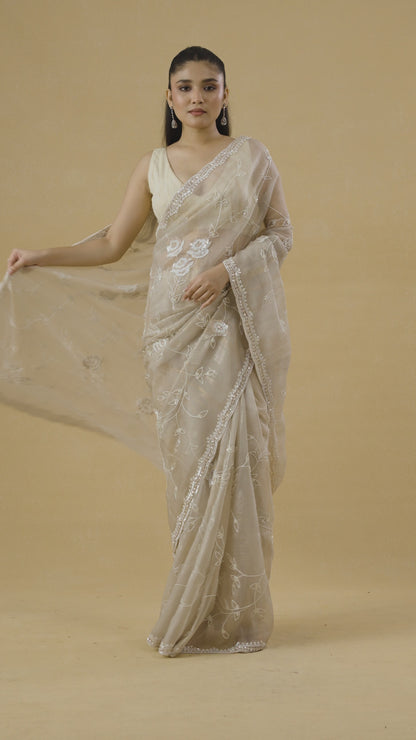Light Beige Crushed Tissue Saree With Pearl and Sequins Handwork