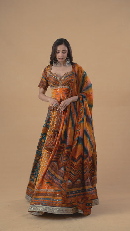 Multi-Colour Ajrakh Lehenga Set With Potli