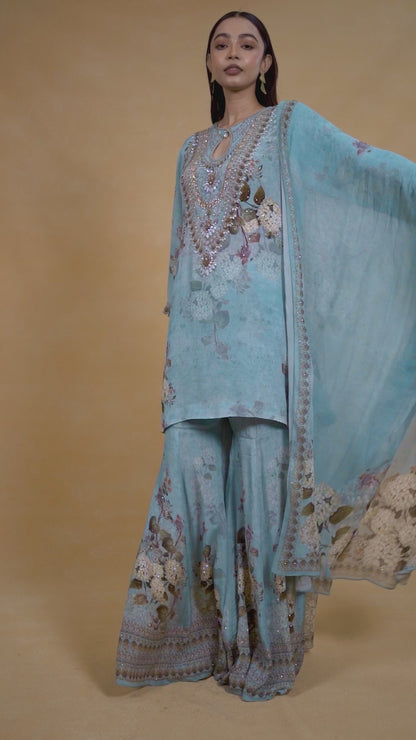 Aqua Blue Sharara Set With Swaovski Detailing