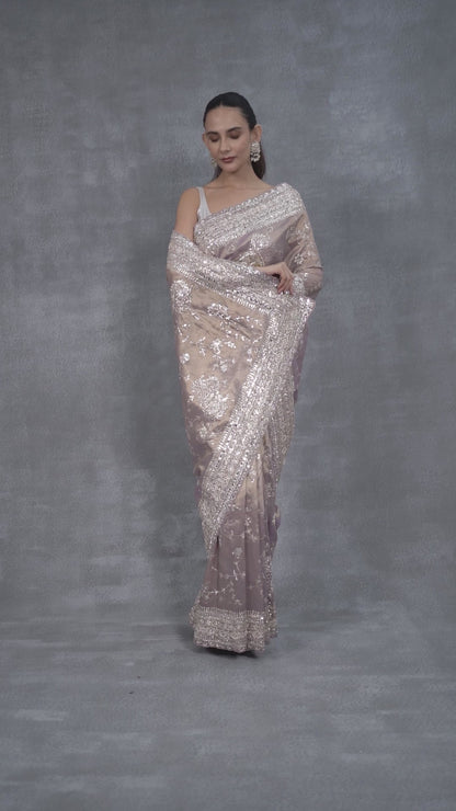 Onion Pink Tissue Saree With Gota & Zardosi Work