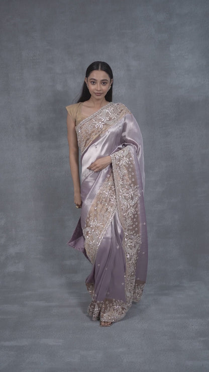 Lavender Ziraf Tissue Saree With Hand Zardosi Work & Pearl Detailing