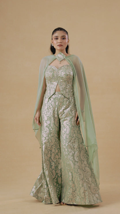 Pastel Green Banarasi Weave Indowestern Palazzo Set