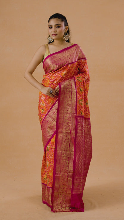 Orange Patola Silk Heritage Saree With Banarasi Border